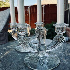 Vtg Pressed Glass Double Light Taper Candle Holders Pair Etched Art Deco Holiday